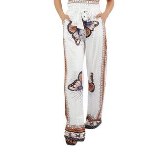WHITE/ORANGE/PURPLE WIDE LEG BUTTERFLY PRINT PALAZZO SUMMER PANT WITH POCKETS